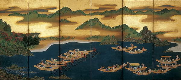 330-27鵜飼遊楽図（左隻）　六曲一双　江戸時代中期　紙本著色 　160.5×359．2