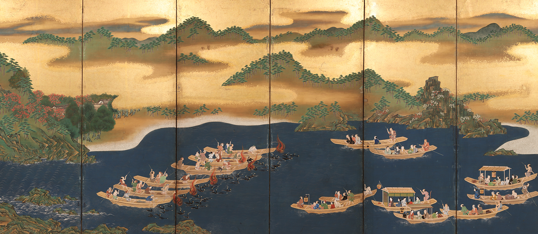 Cormorant Fishing Recreation Folding Screen (Left panel of pair)