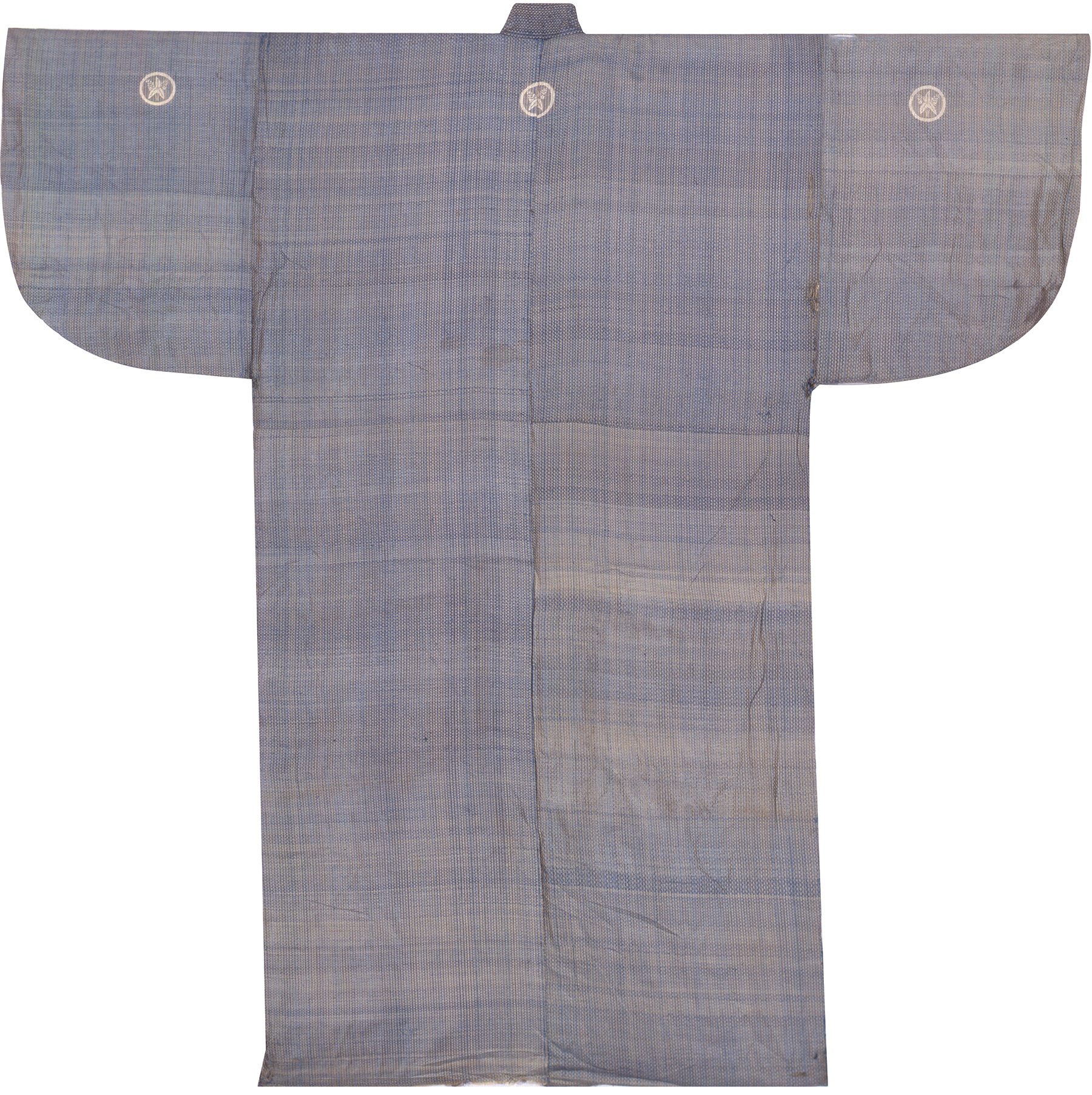 Kosode (a type of kimono) made of yellow and light navy-striped fabric with Japanese crests of water plantain