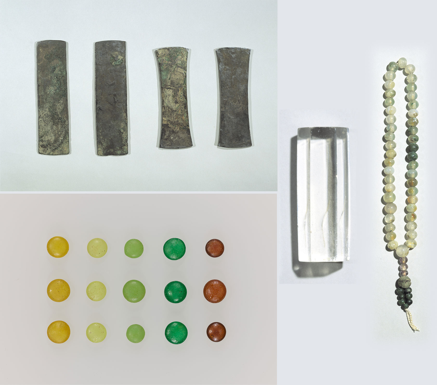 National Treasure Ritual objects buried in consecration of the building site of the Central Golden Hall, Kofukuji Temple Silver ingots, Glass beads, Hexagonal crystal column, Agate buddhist rosary