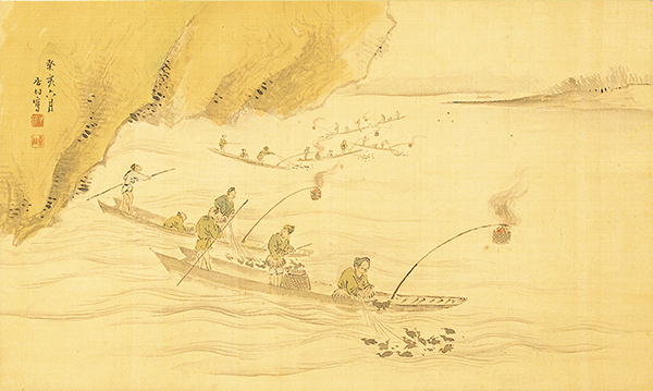 331-60　鵜飼図 高橋杏村筆 1幅　文久3年（1863）　絹本著色 35.4×58.9