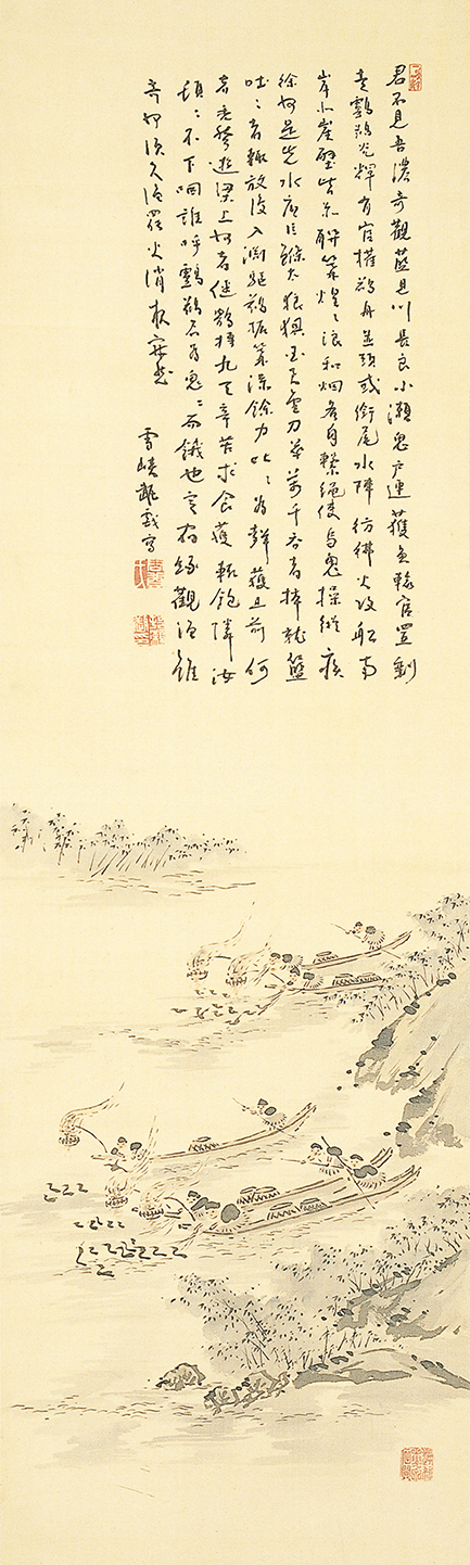 351-6　長良川鵜飼図 村瀬雪峡筆 1幅　江戸時代後期～明治　絹本墨画淡彩 108.9×32.8