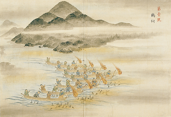350-58　美濃飛騨両国魚漁之図（岐阜県管内漁業之図）1帖　明治時代　紙本著色 表紙26.6×40.5　本図51.3×74.5