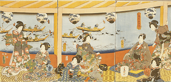 340-45　鵜飼船御遊図 歌川豊国（三代）・国綱画 3枚続　嘉永5年（1852）8月 37.0×77.2