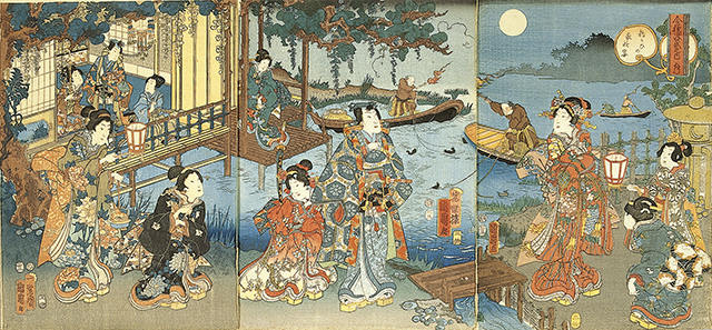 340-44　今様源氏之内　月　鵜かひの夜遊宴 歌川国周画 3枚続　安政4年（1857） 37.2×77.7