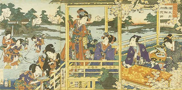 340-17　源氏君鵜飼御遊図 歌川国周画 3枚続　元治元年（1864） 35.0×72.0