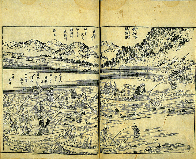 641-1　木曽路名所図会　巻之二のうち　「長柄川鵜飼船」 秋里籬島著・西邨中和画 全7冊　文化11年（1814） 25.5×17.8