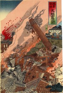 歌川国利画「岐阜市街大地震之図」（部分）明治24年（1891）、岐阜市歴史博物館蔵